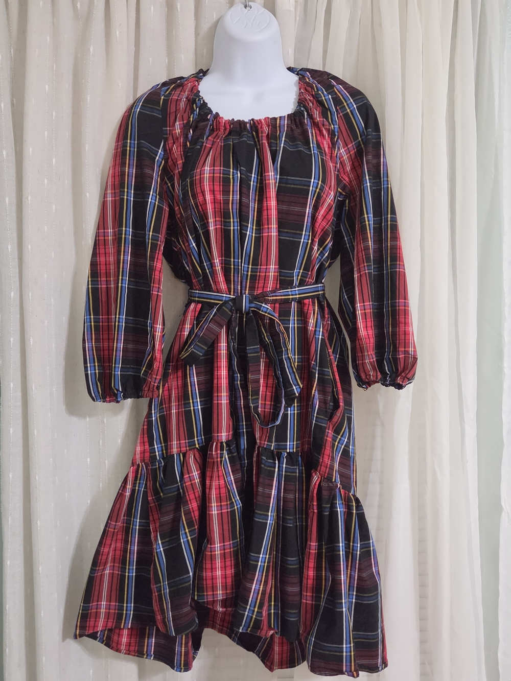 Draper James Red and Black Plaid Tiered Belted Dress